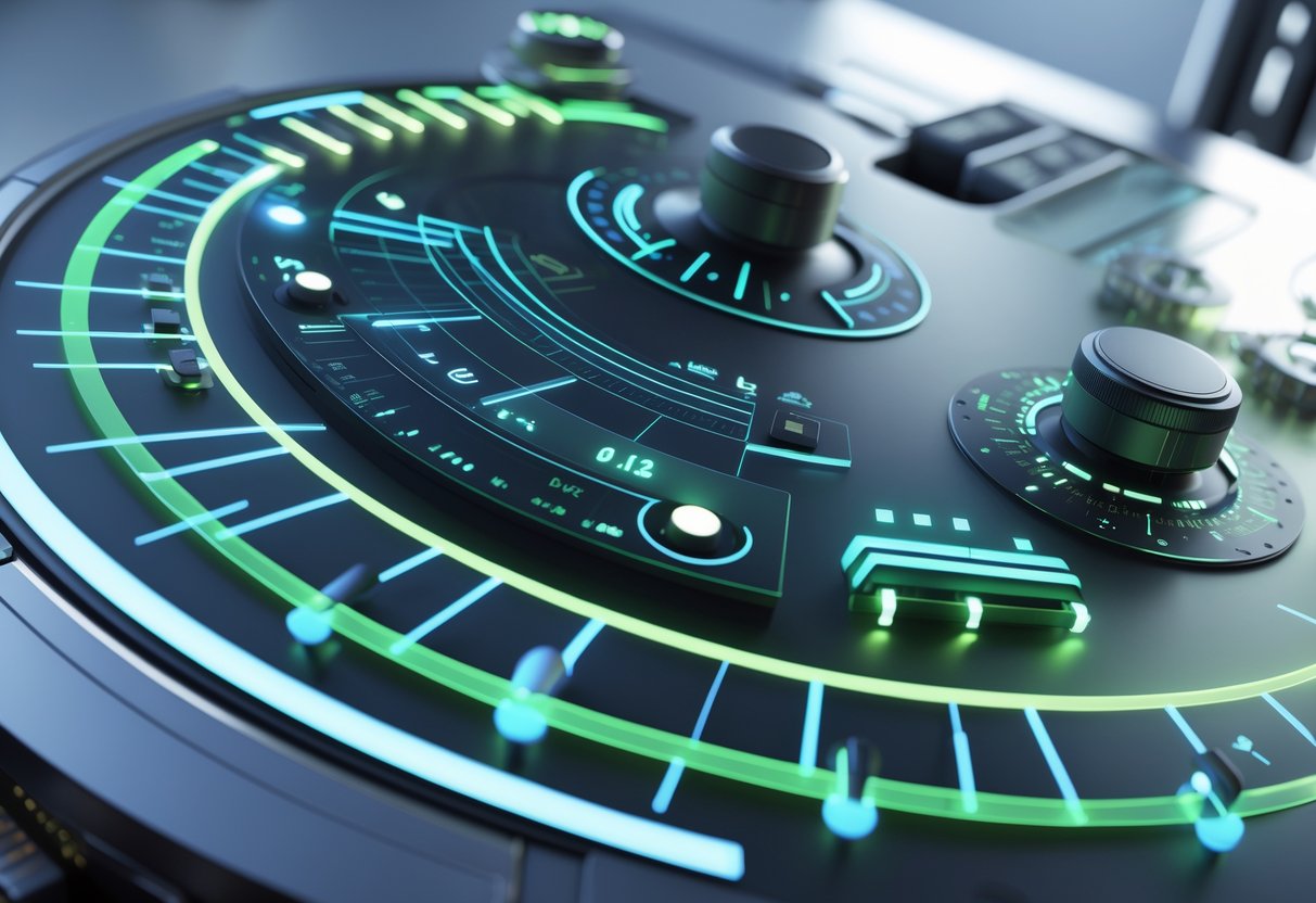 A 3D rendering of a futuristic control panel with holographic sliders and dials for adjusting timing settings, set in a modern workspace.