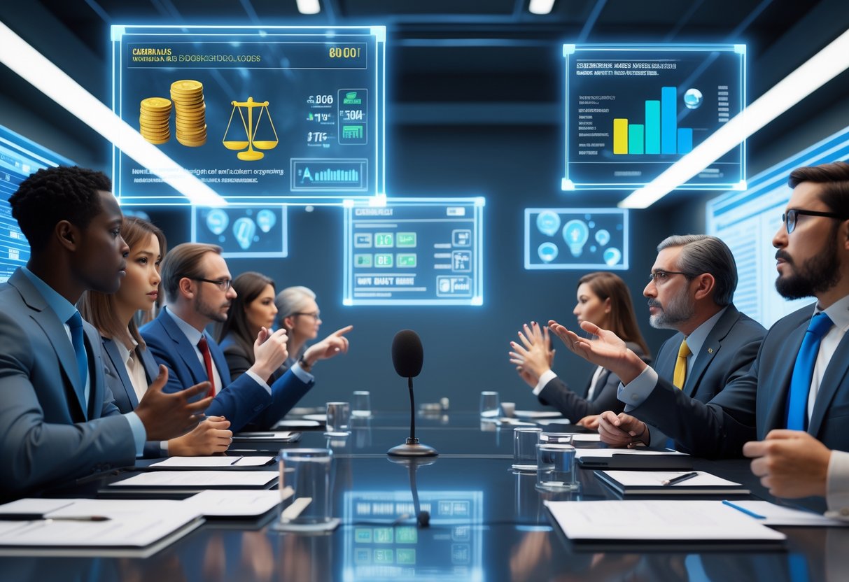 A group of people in a modern conference room engaged in a serious discussion with holographic displays showing betting and legal symbols.