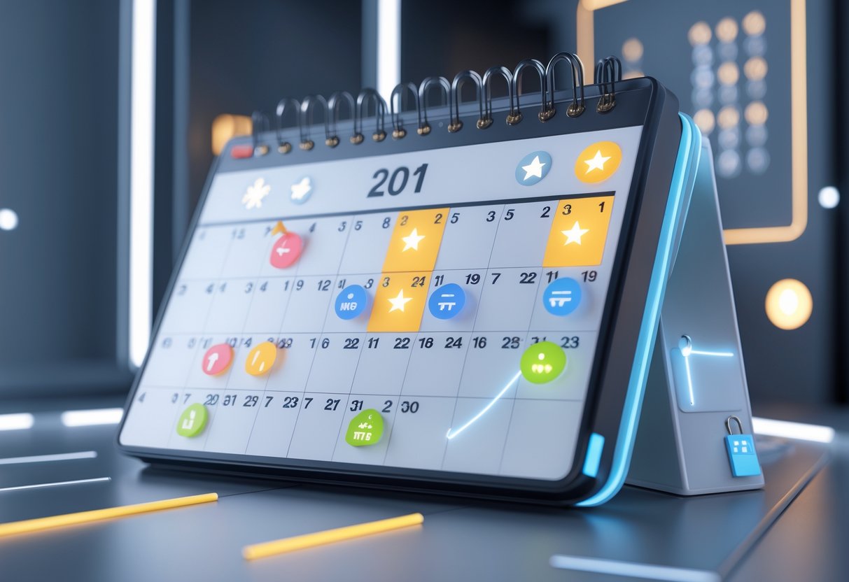 A 3D digital calendar showing special event dates highlighted and some dates locked with lock icons.