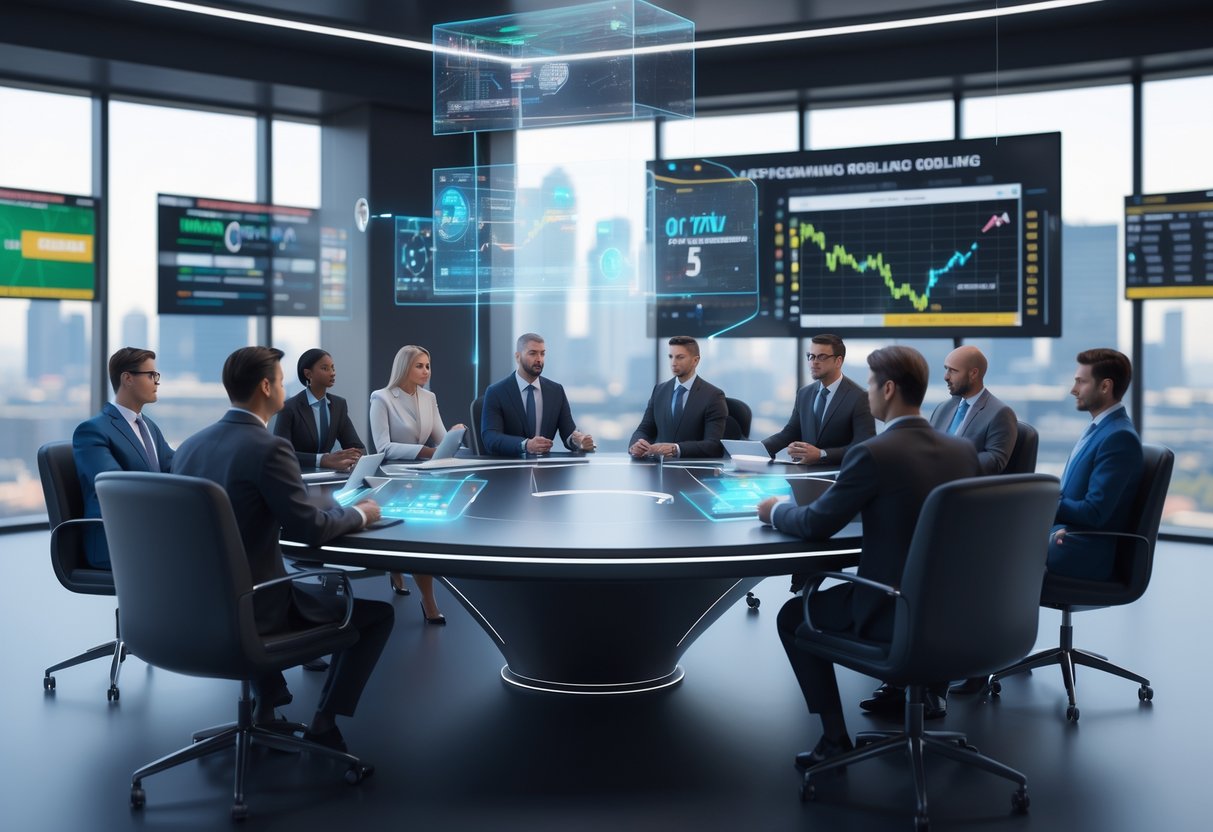 A group of professionals discussing sports gambling regulations around a high-tech conference table with floating digital displays and holograms.