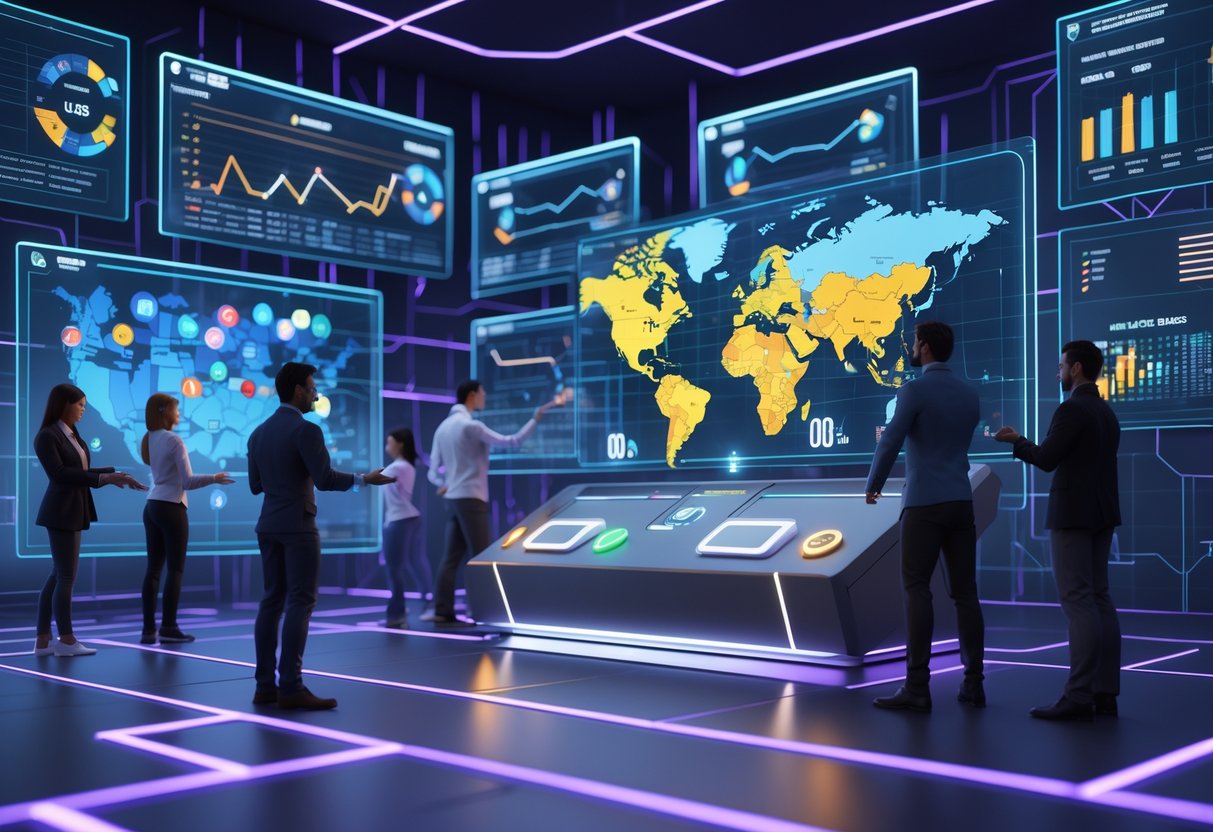 A futuristic control room with holographic screens showing maps, charts, and countdown timers, where diverse avatars manage game roster timings.