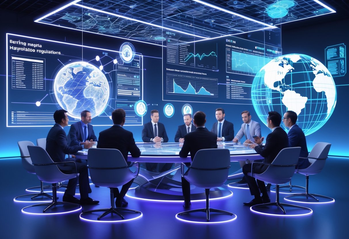 A group of professionals in a modern conference room discussing betting regulation with floating digital screens and holographic charts around them.