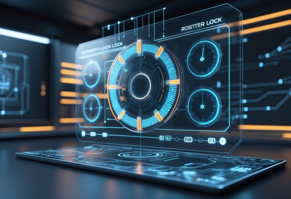 A 3D scene showing a floating holographic panel with circular timers and glowing data streams in a dark control room.