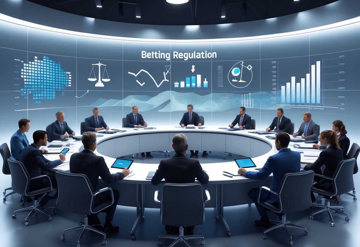 A group of people sitting around a table in a conference room, engaged in a serious discussion with digital screens showing legal and betting-related symbols in the background.