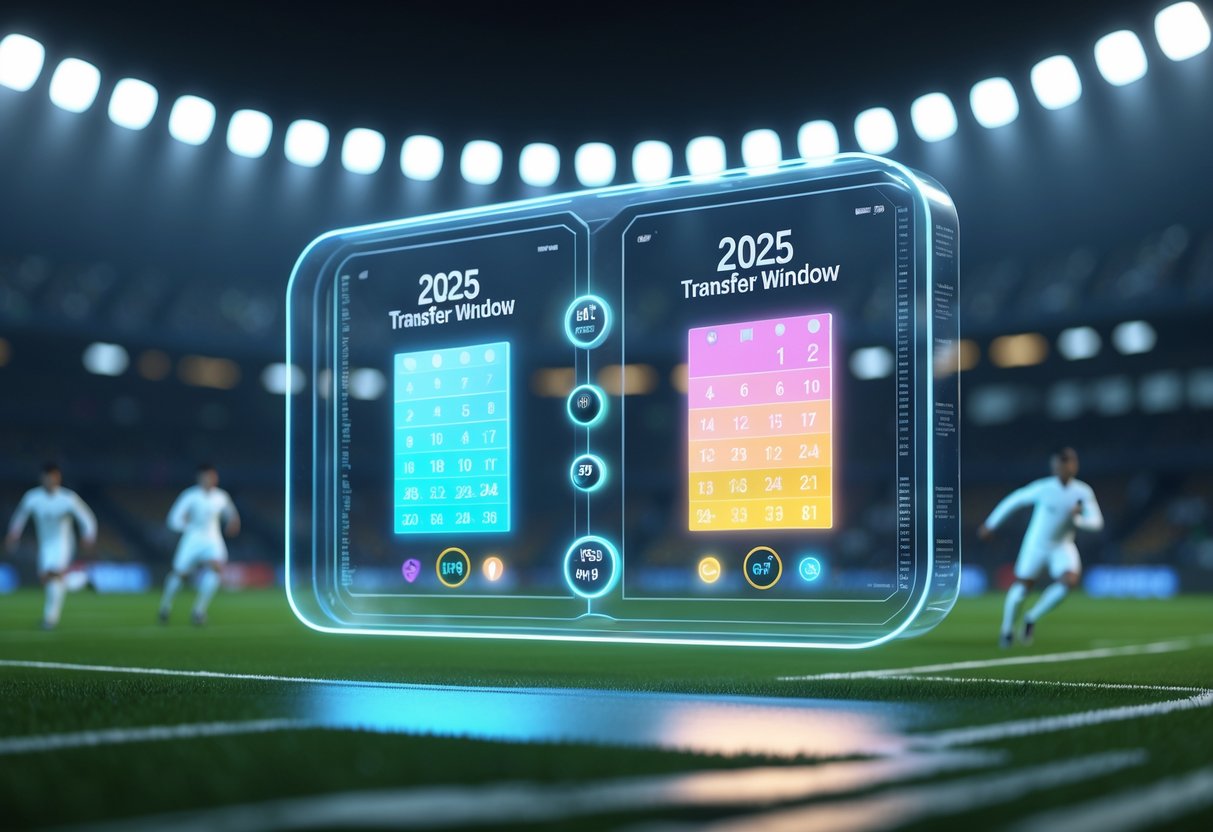 A 3D digital calendar showing two highlighted periods representing the 2025 football transfer windows, set against a stadium background with football player silhouettes.