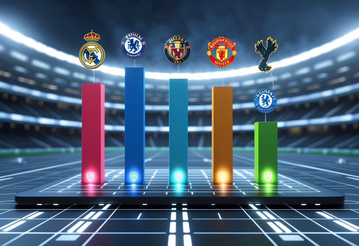 3D infographic showing coloured bars of different lengths representing transfer window durations across major football leagues with their logos above each bar.