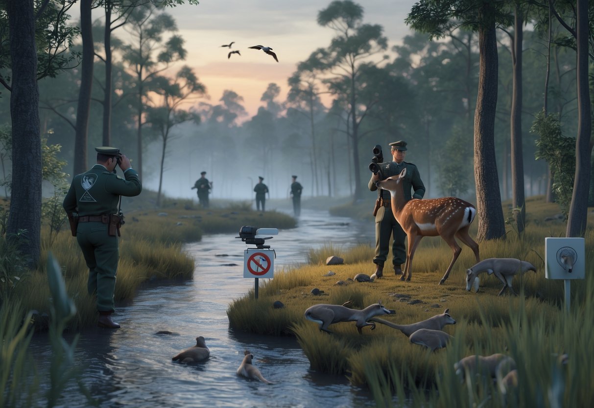 Two game wardens in uniforms patrolling a forest near a river, one holding a rescued deer, while faint figures of poachers retreat into the trees.