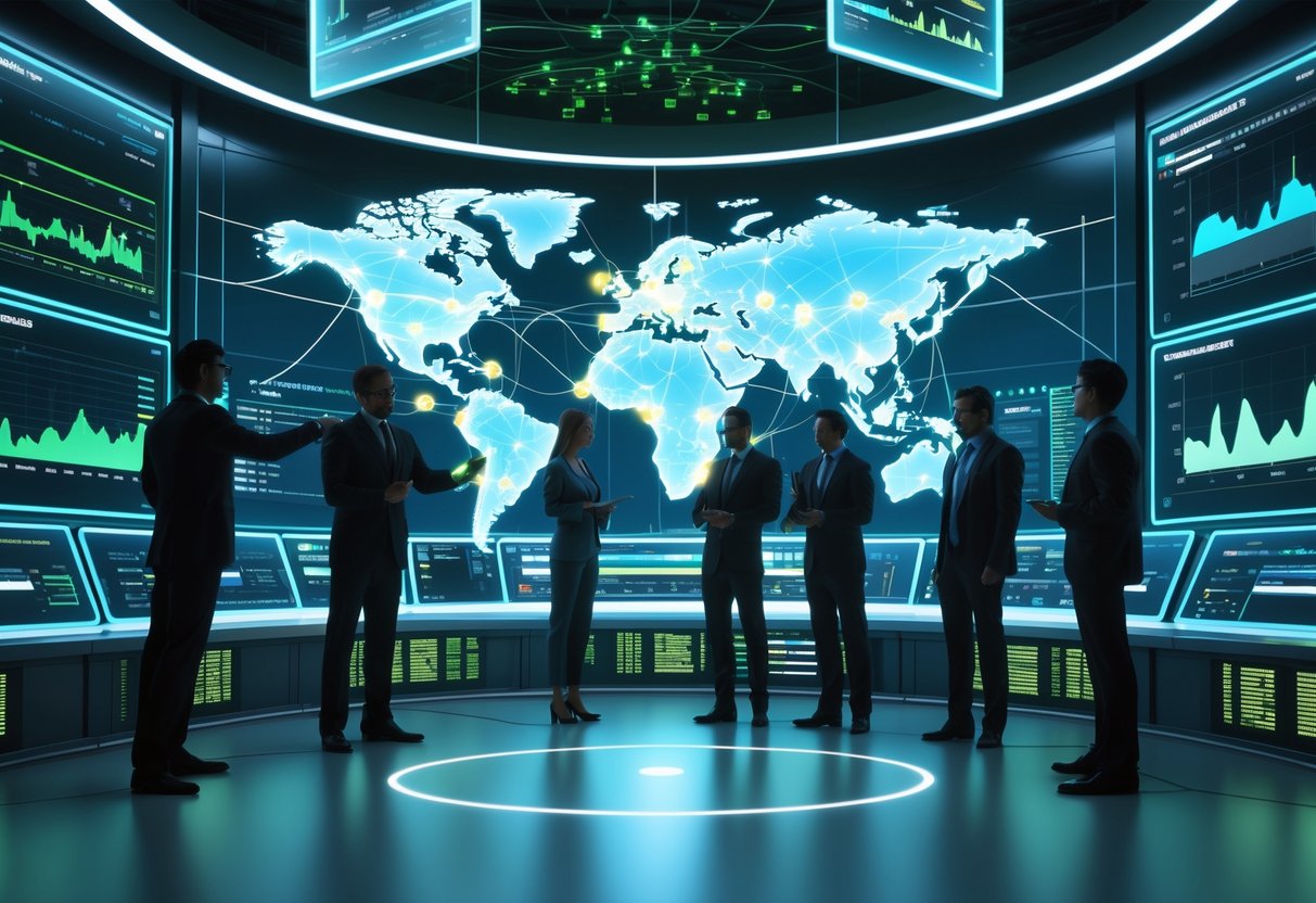 A futuristic control room with a holographic world map showing network connections and a team of people analysing data to manage ping limits.