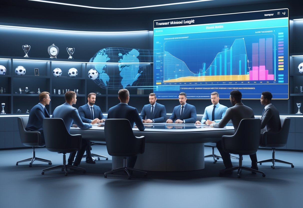 A football club management office with executives discussing player transfers around a table showing holographic player data and graphs about transfer window length and squad planning.