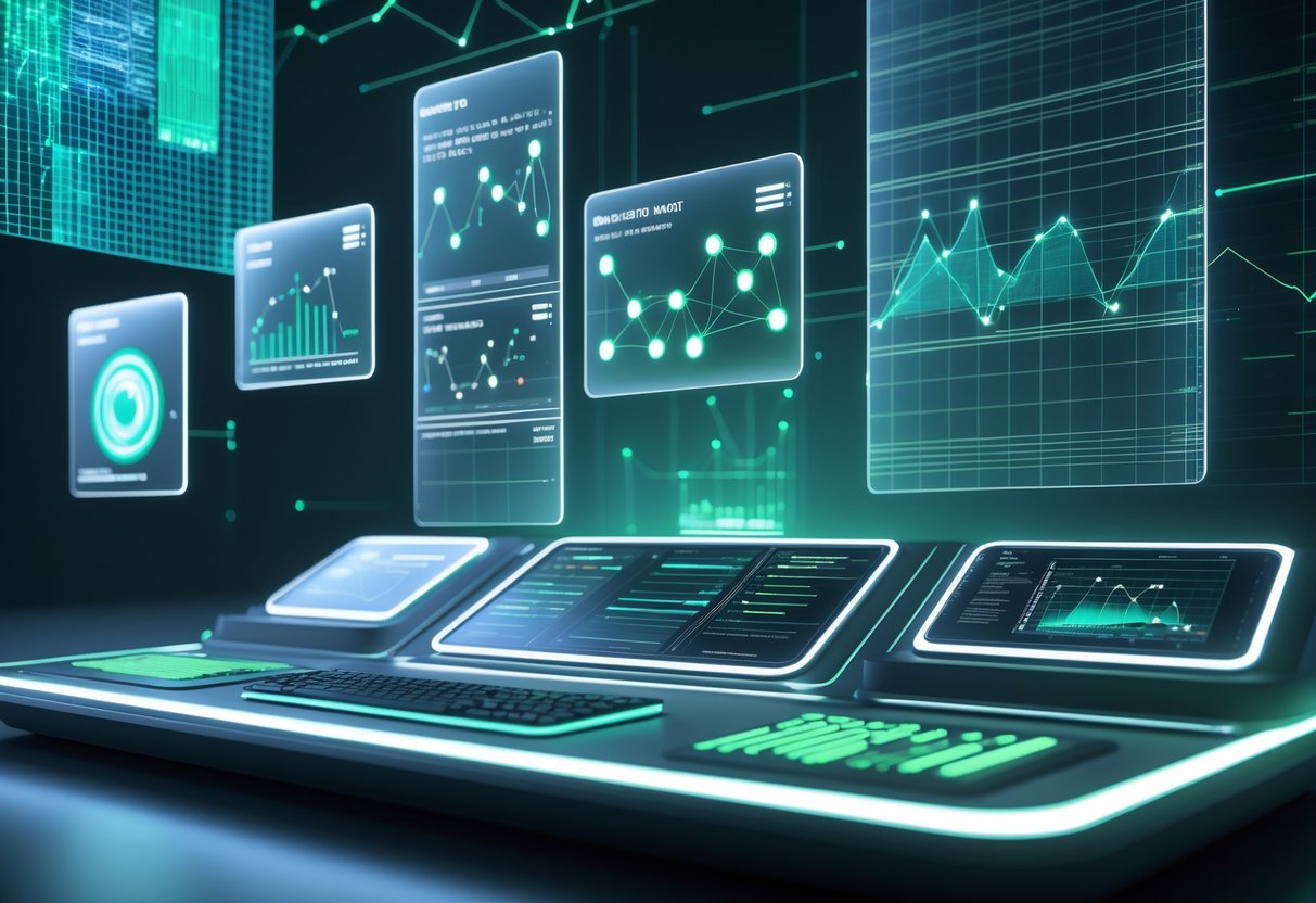 A futuristic control room with floating holographic screens showing network data and graphs, centred around a modern console with glowing panels, representing network management and technical limits.