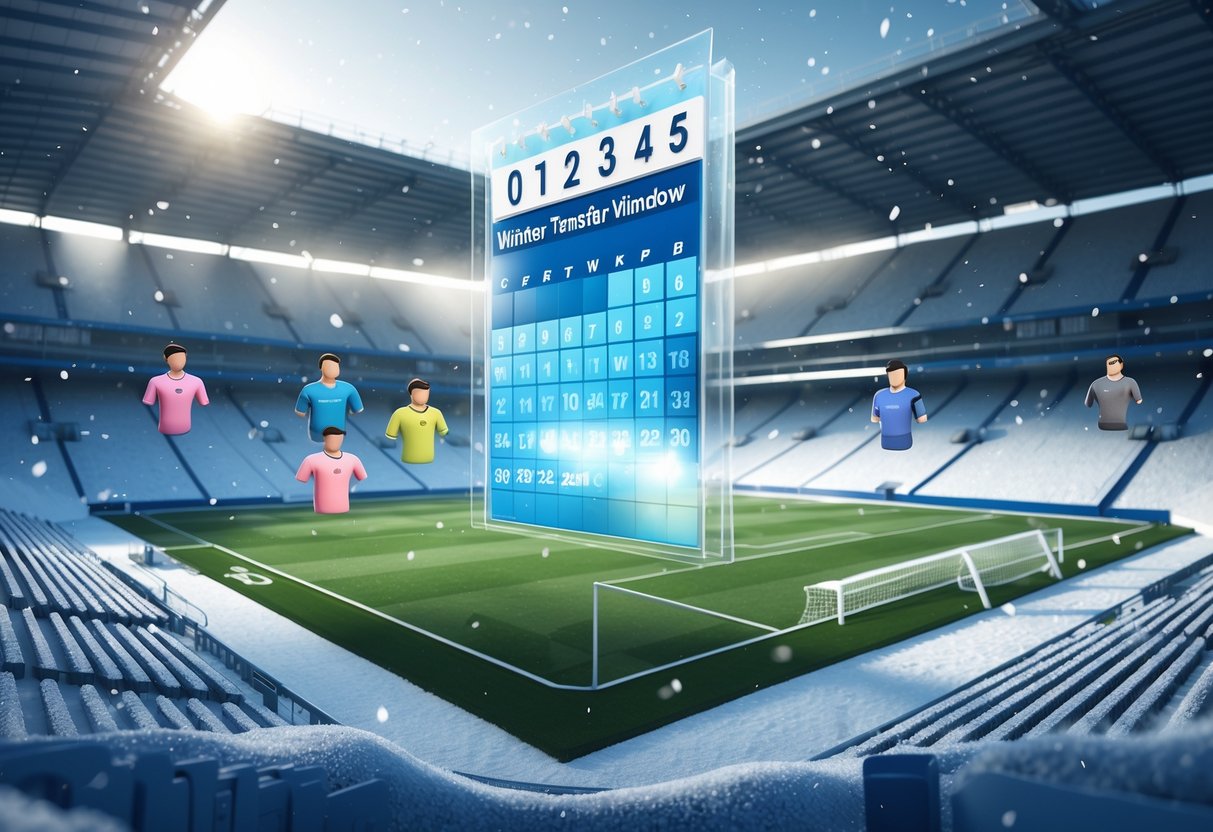 A football stadium in winter with a glowing calendar above the pitch showing transfer window dates, surrounded by floating football jerseys representing player transfers.