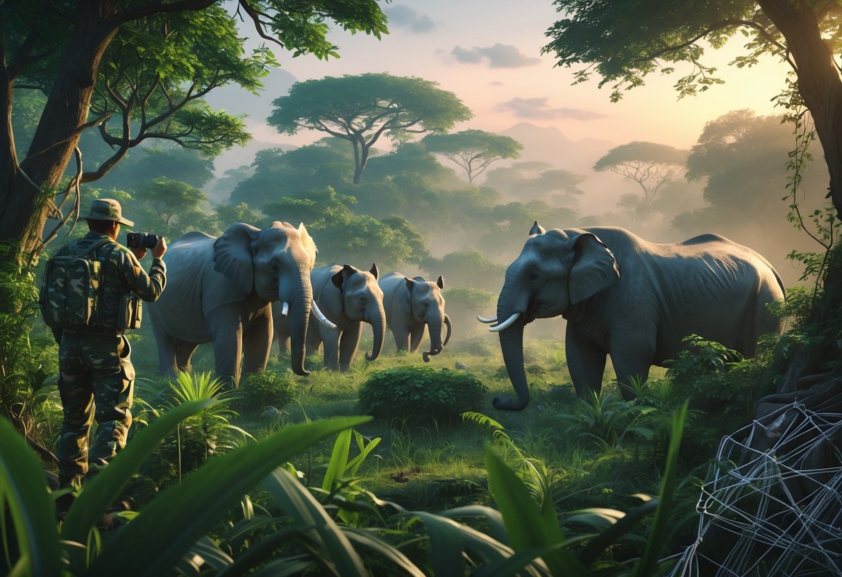 A jungle scene showing endangered animals like elephants and tigers with a ranger patrolling nearby, surrounded by trees and greenery.