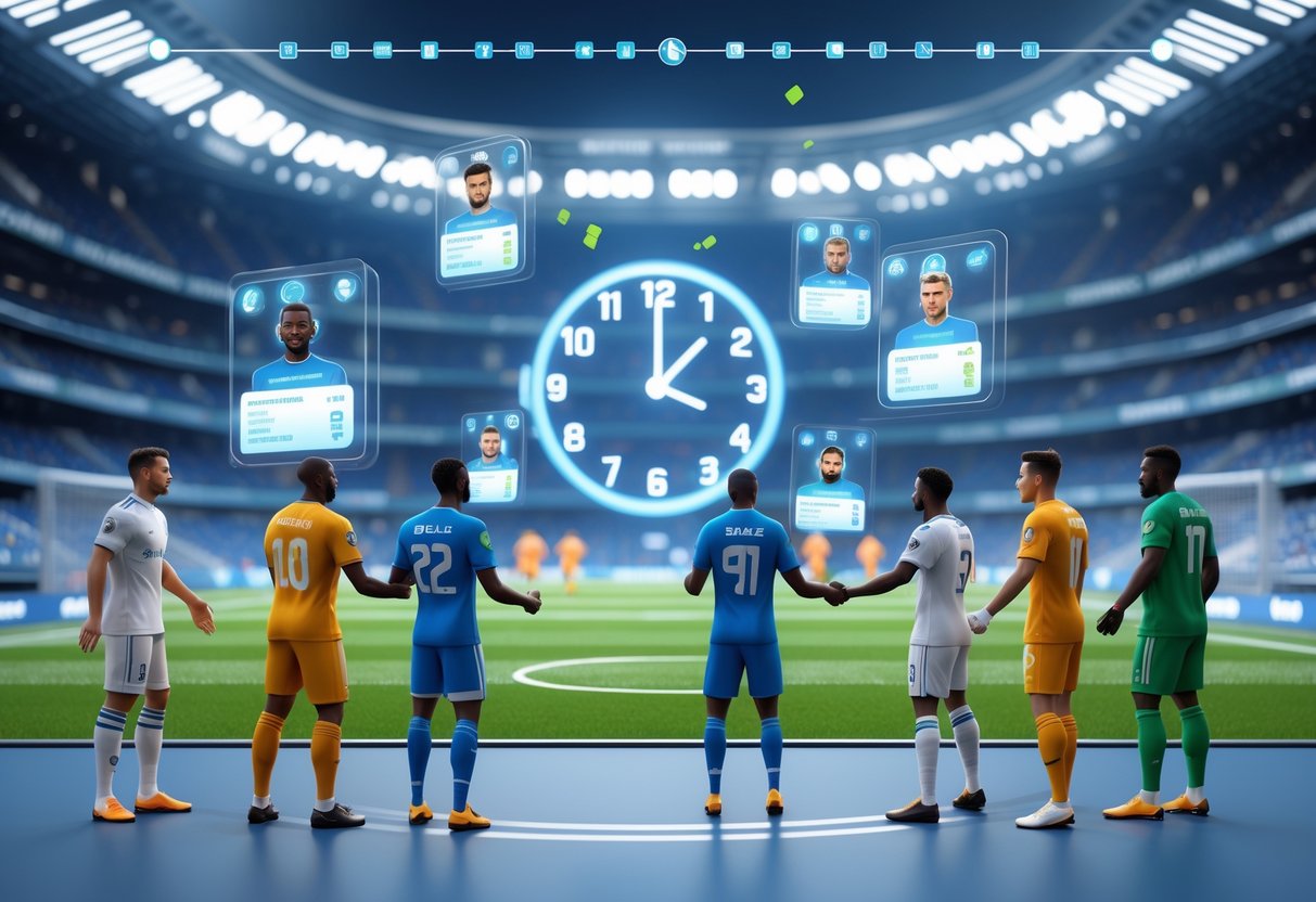 A football stadium with a large countdown clock and floating holographic player cards, showing players negotiating transfers with a timeline above the stadium.