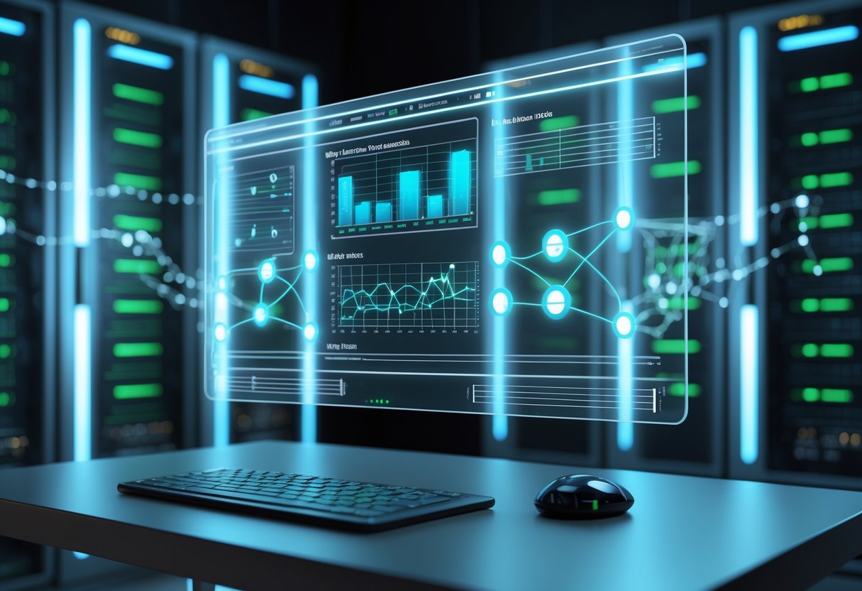 A futuristic server room with glowing server racks and a floating holographic interface showing network connections and data flows representing ping limit settings.