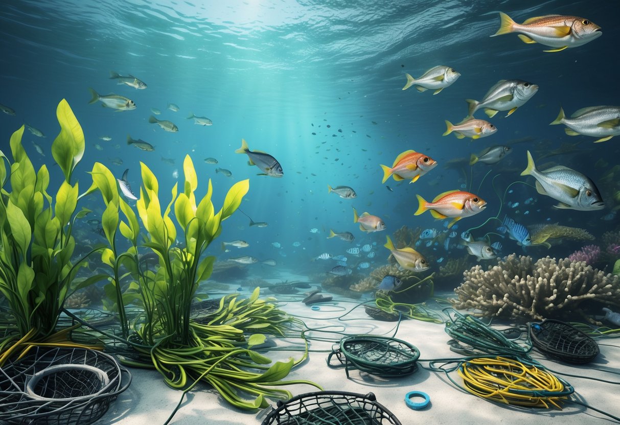 Underwater scene showing damaged aquatic plants and trapped fish near discarded fishing gear, next to a healthy coral reef with abundant fish and plants.