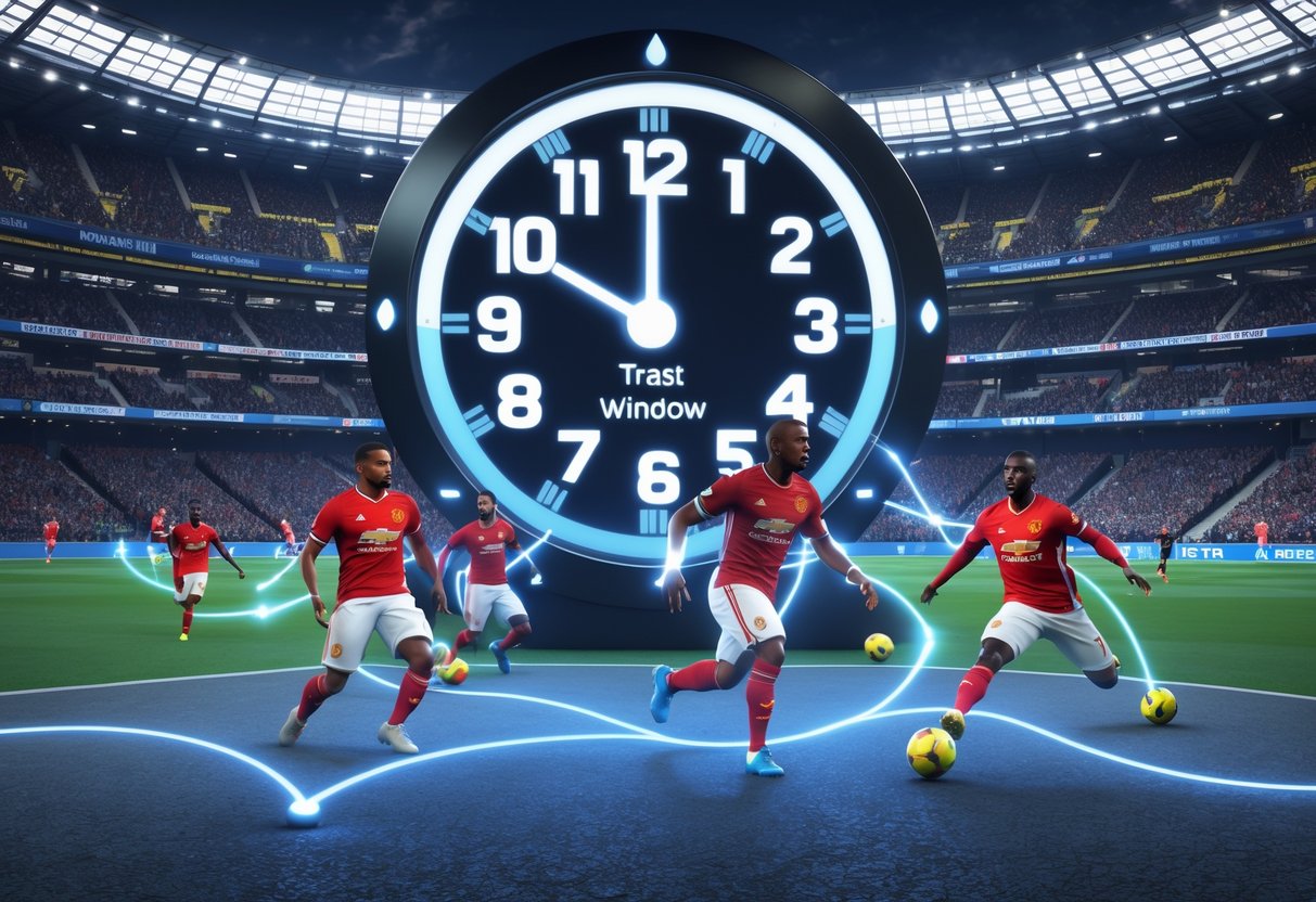 A 3D scene showing football stadiums and star players connected to a large countdown clock representing the transfer window timing.