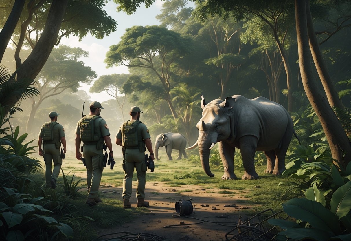 Wildlife rangers patrolling a dense jungle to protect an elephant and a rhinoceros from poaching.