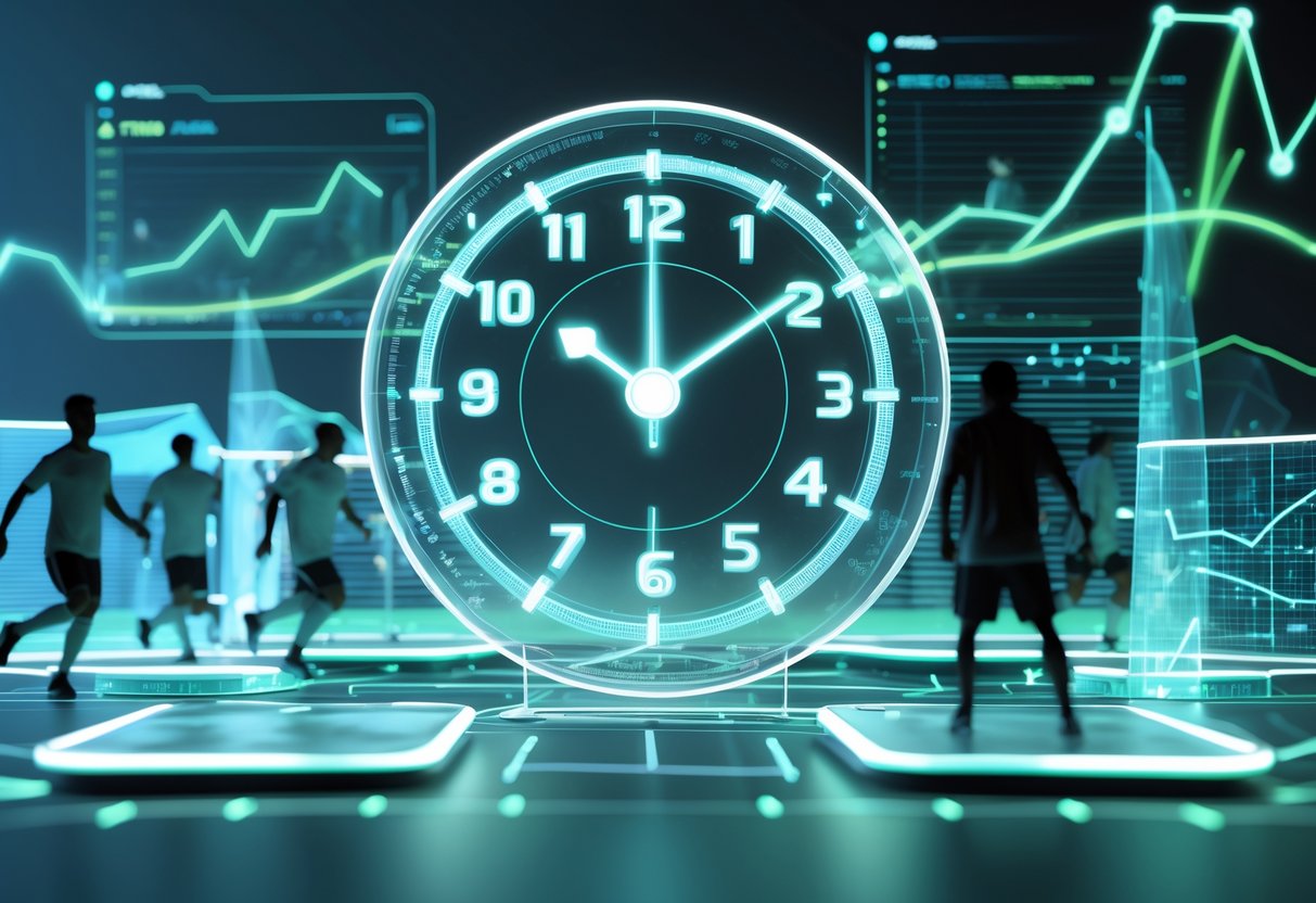 A 3D scene showing a large digital countdown clock surrounded by holographic charts and football player silhouettes moving between glowing platforms.