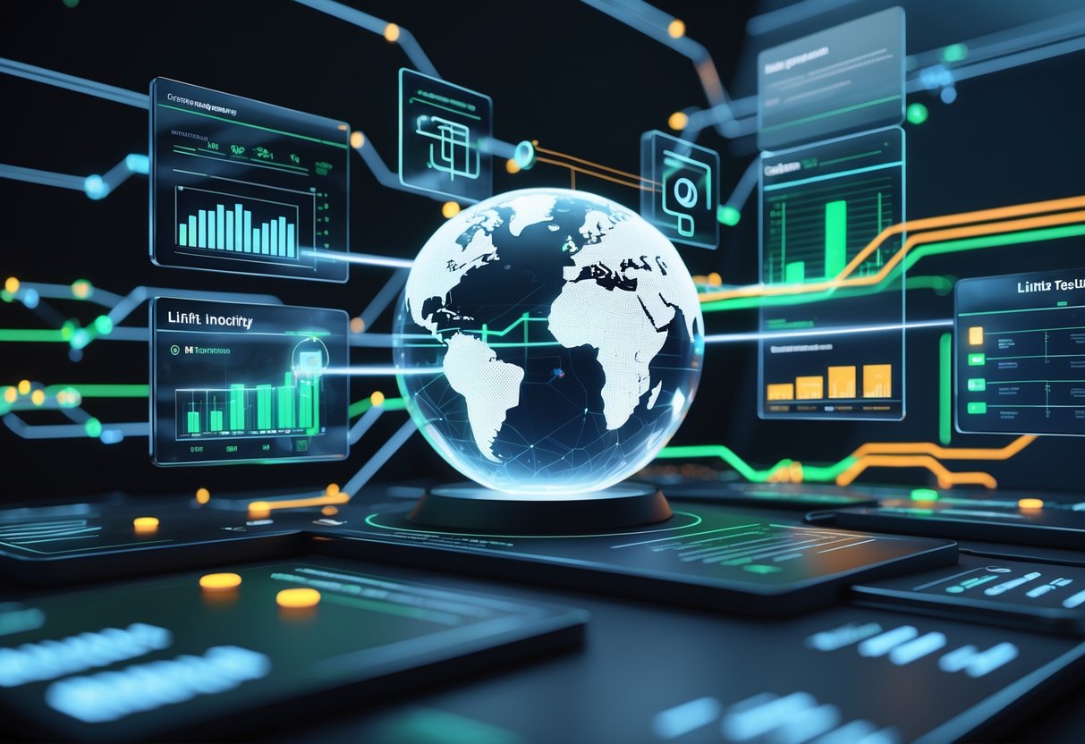 A futuristic digital control centre with holographic data displays showing network connections and limit indicators around a glowing globe.
