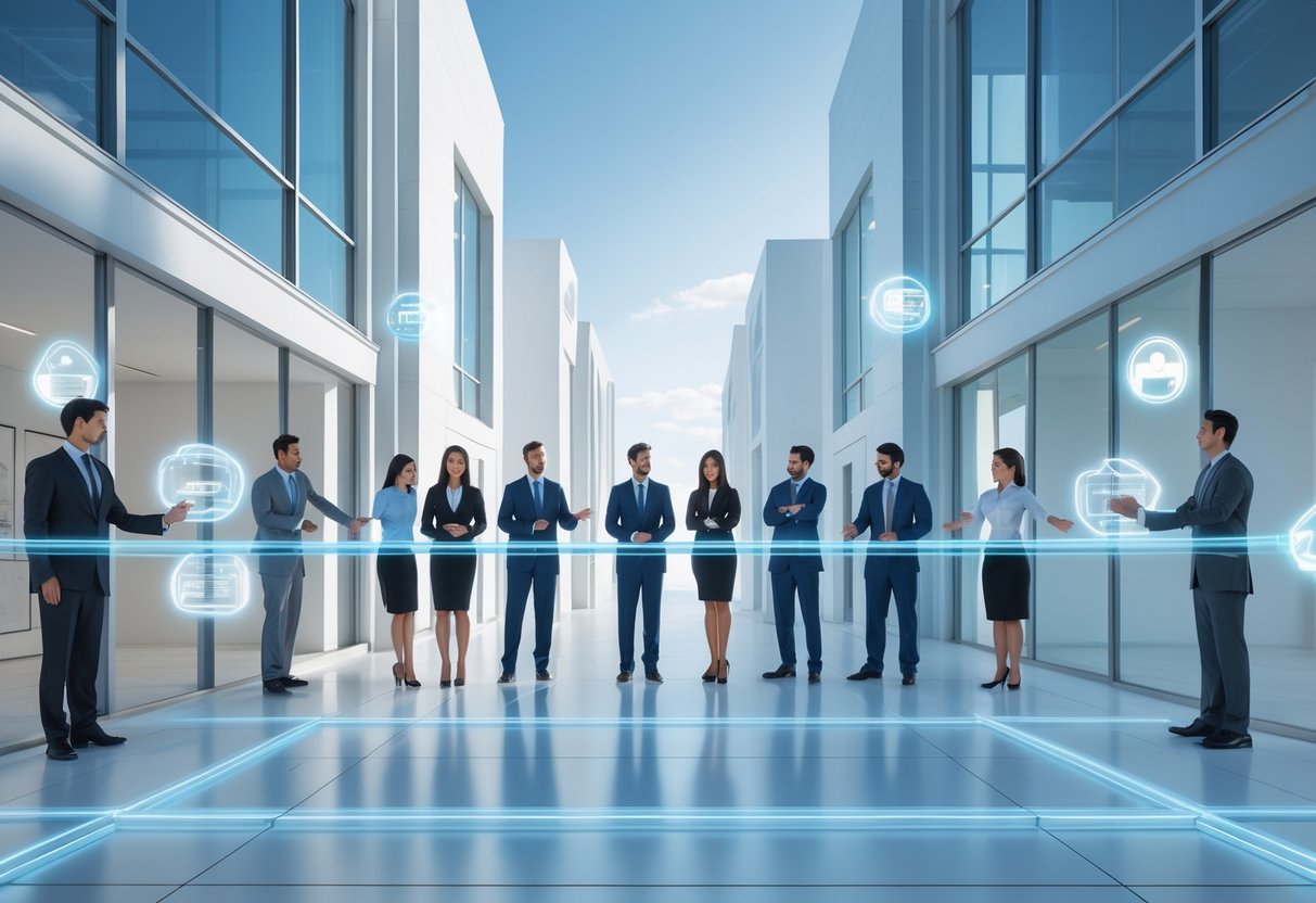 Two modern office buildings connected by a glass bridge with employees inside one building and representatives reaching from the other, separated by a glowing barrier symbolising legal boundaries in employee recruitment.