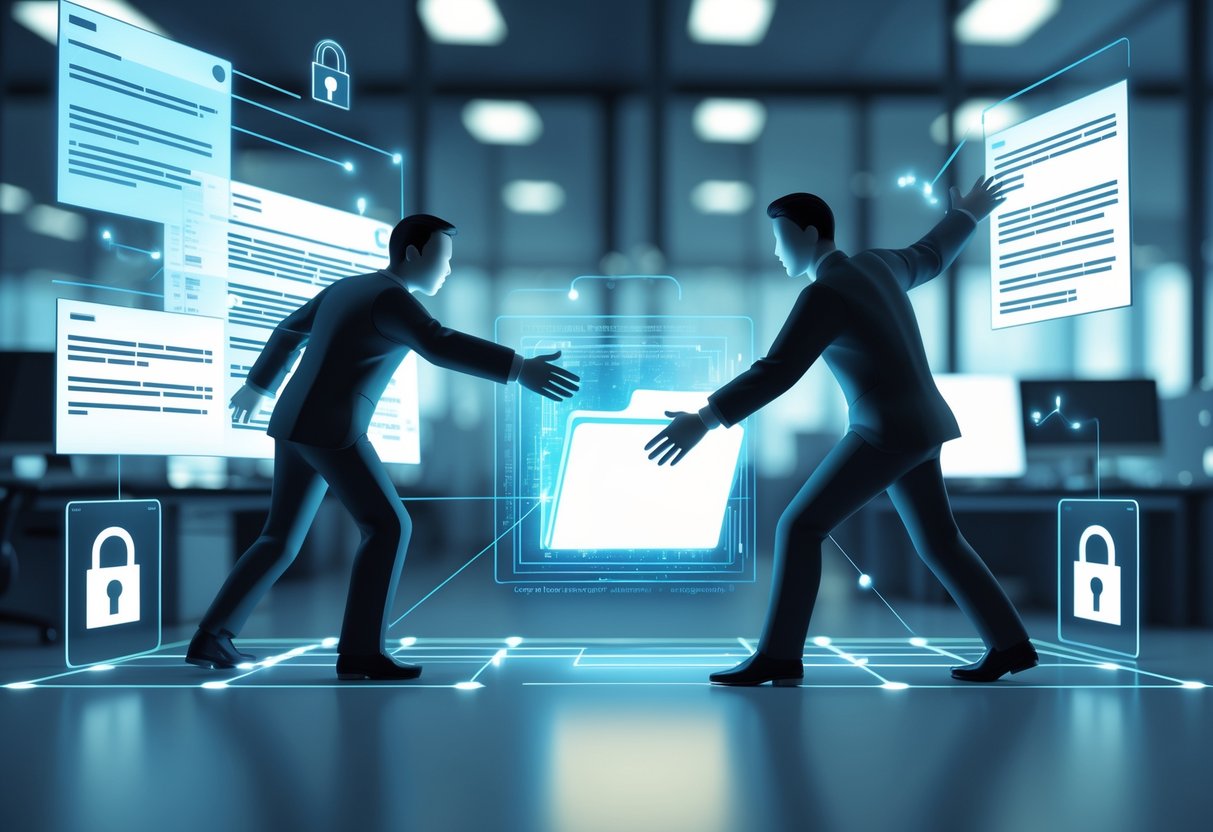 Two people in an office scene, one reaching for a glowing folder while the other tries to stop them, surrounded by digital symbols of security and legal documents.
