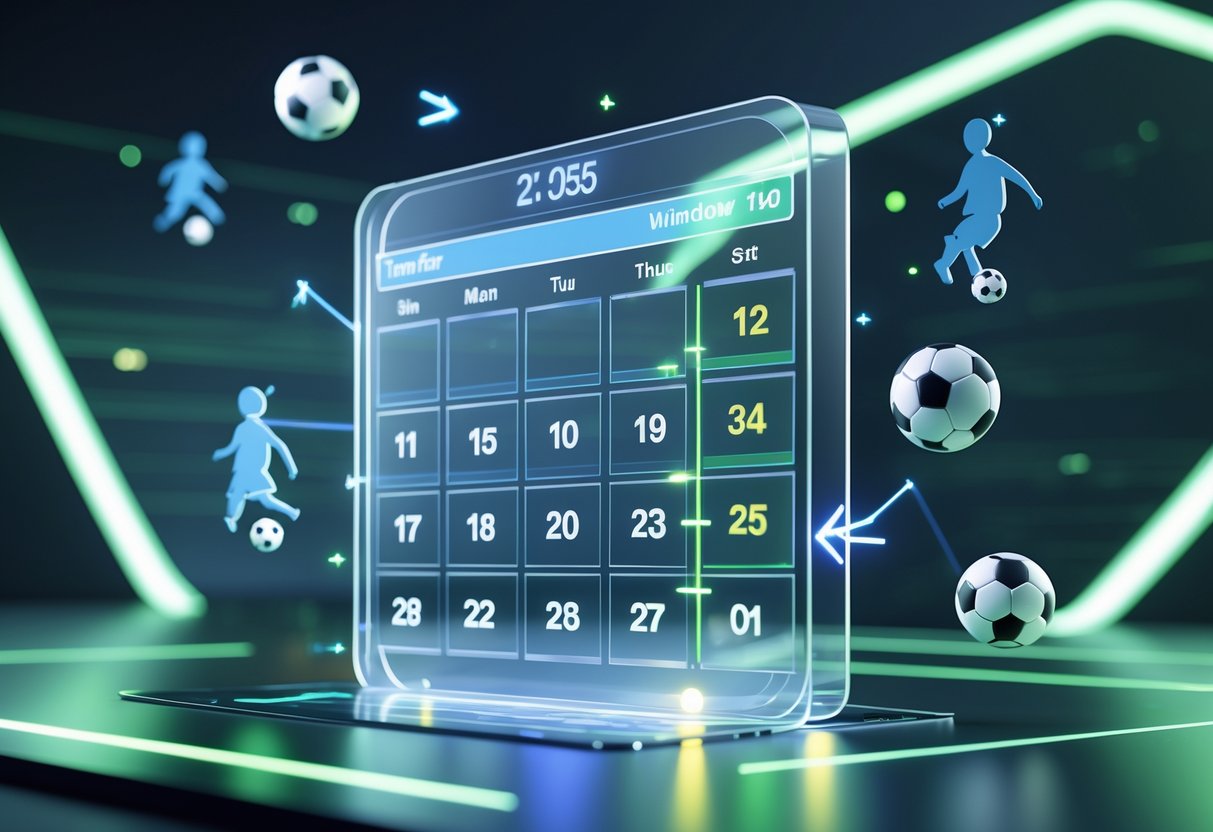 A 3D digital interface showing a holographic calendar and countdown timer with football transfer icons floating around, set in a modern digital workspace.