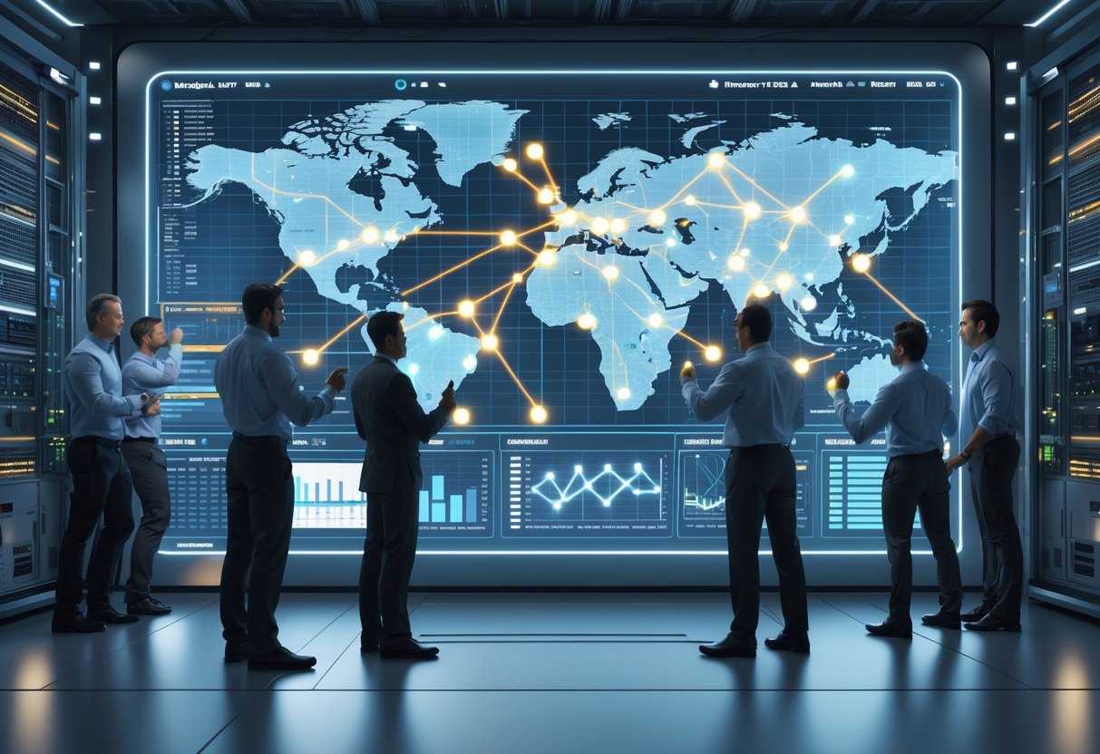 A 3D scene of a digital control room with people monitoring and adjusting network data shown on holographic displays and surrounded by server equipment.