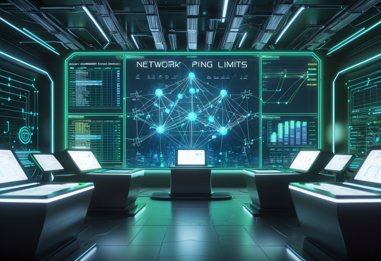 A futuristic control room with holographic screens showing complex network data and digital graphs.