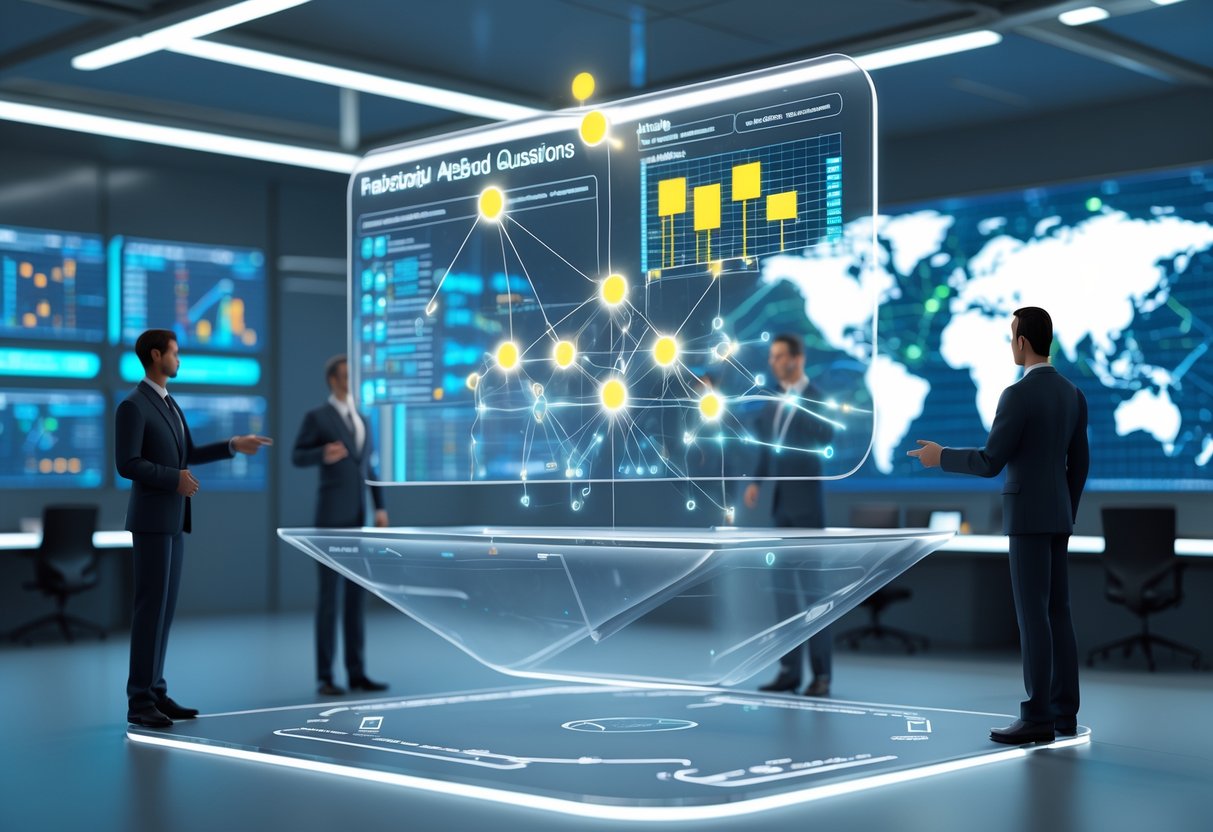 A futuristic digital help desk with holographic data displays and people interacting with network graphs and charts in a high-tech office.