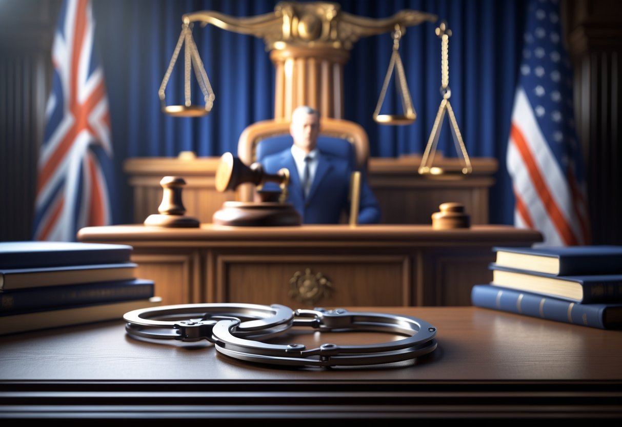 A courtroom scene showing a judge's bench with a gavel, scales of justice, legal books, and hands in handcuffs on a table, with UK and US flags in the background.