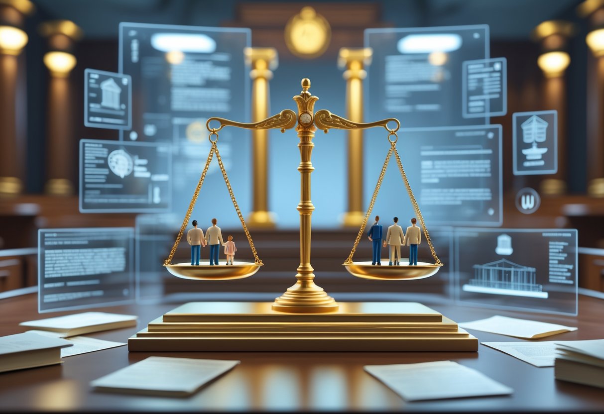 A 3D scene showing balanced scales of justice with figures representing family members on one side and unrelated professionals on the other, set in a courtroom with legal symbols around.