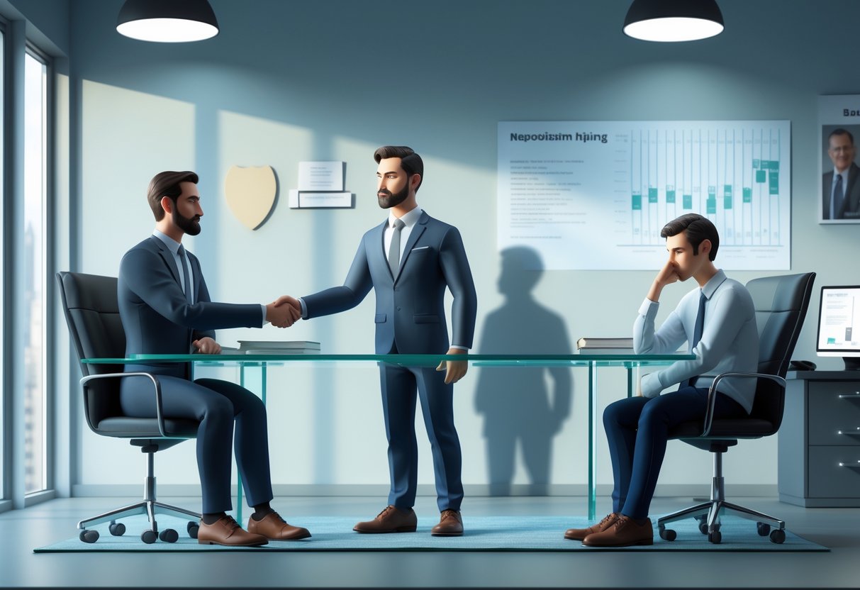 A corporate office scene showing a hiring manager shaking hands with one candidate while another candidate looks disappointed, with a shadowy figure whispering in the background and a family photo on the desk.