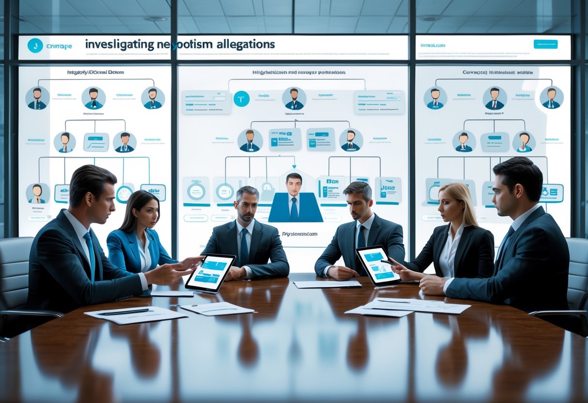 A group of professionals in a glass conference room discussing documents and digital profiles, with a digital screen showing organisational charts highlighting family connections.