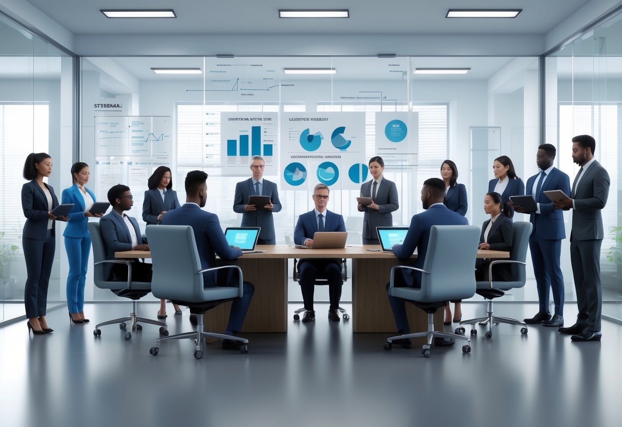 A group of diverse professionals in a government office working together around a conference table with documents and laptops.