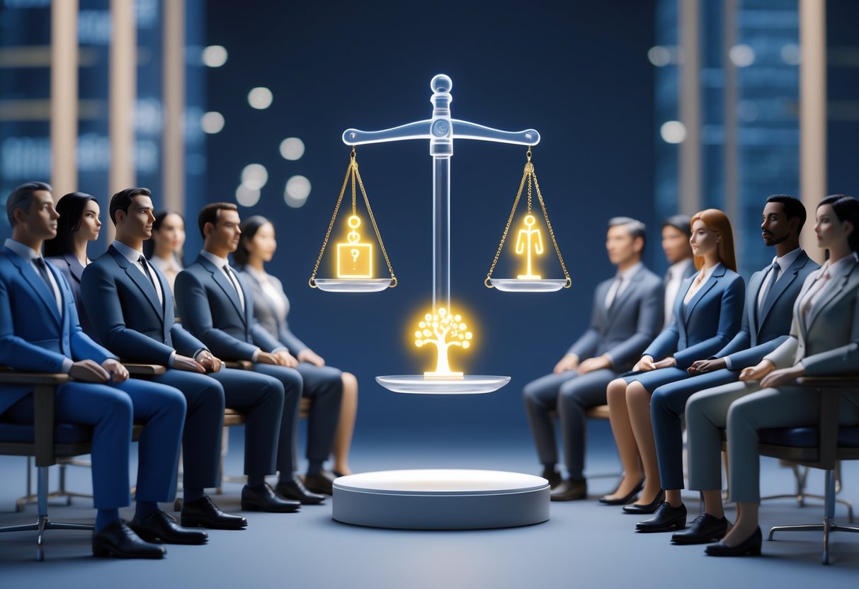 A courtroom scene with two groups of people facing each other across a large scale of justice holding a family tree and a gavel, symbolising nepotism and legal scrutiny.