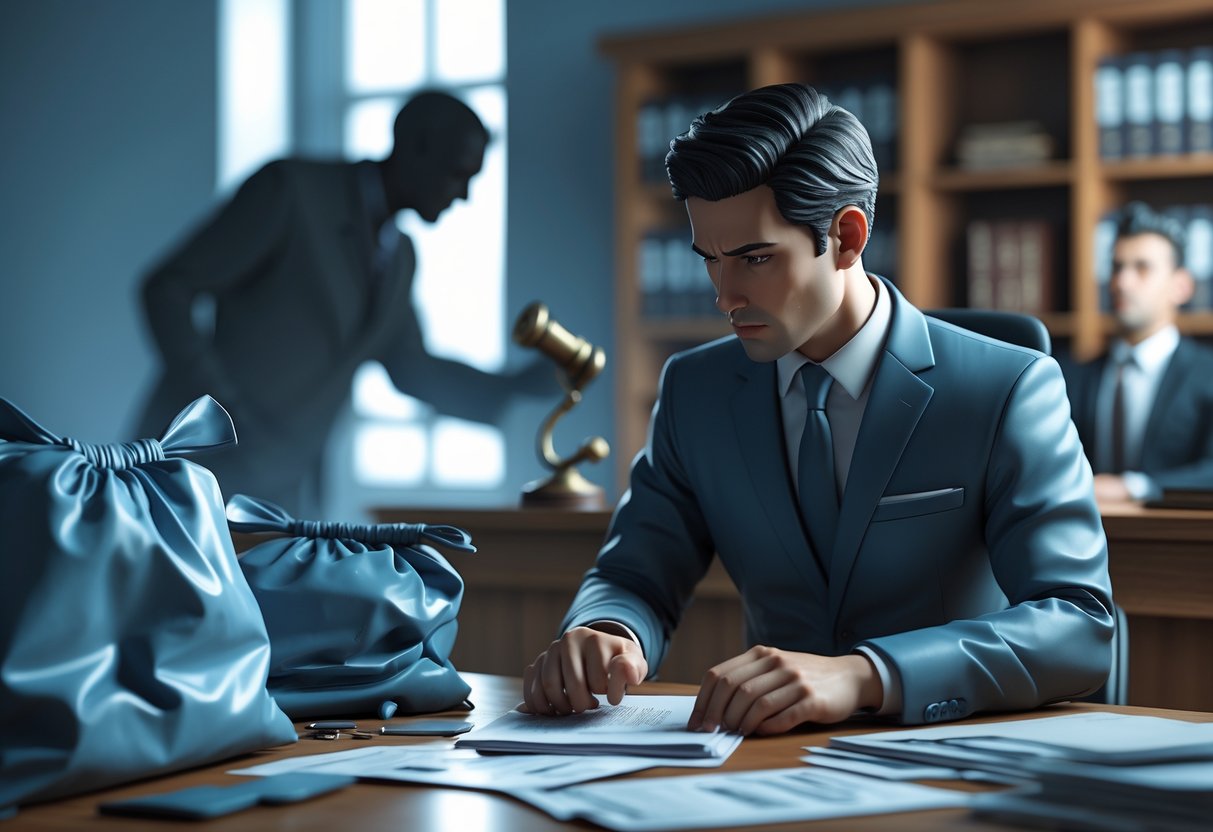 A criminal defence solicitor reviews case files in an office while a courtroom scene with a judge and distressed defendant is visible in the background, illustrating the serious consequences of evidence tampering.