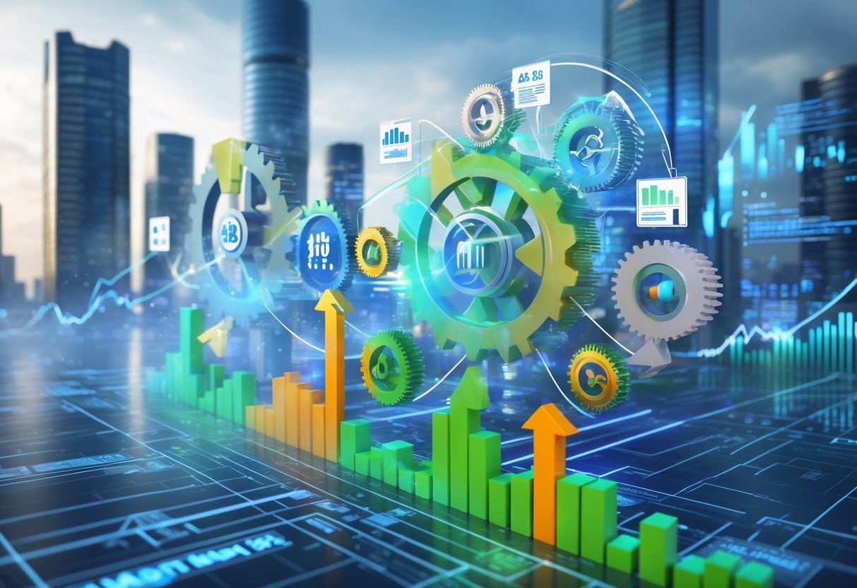 A 3D scene showing a futuristic city with floating interconnected gears and charts representing financial factors driving buyout inflation.