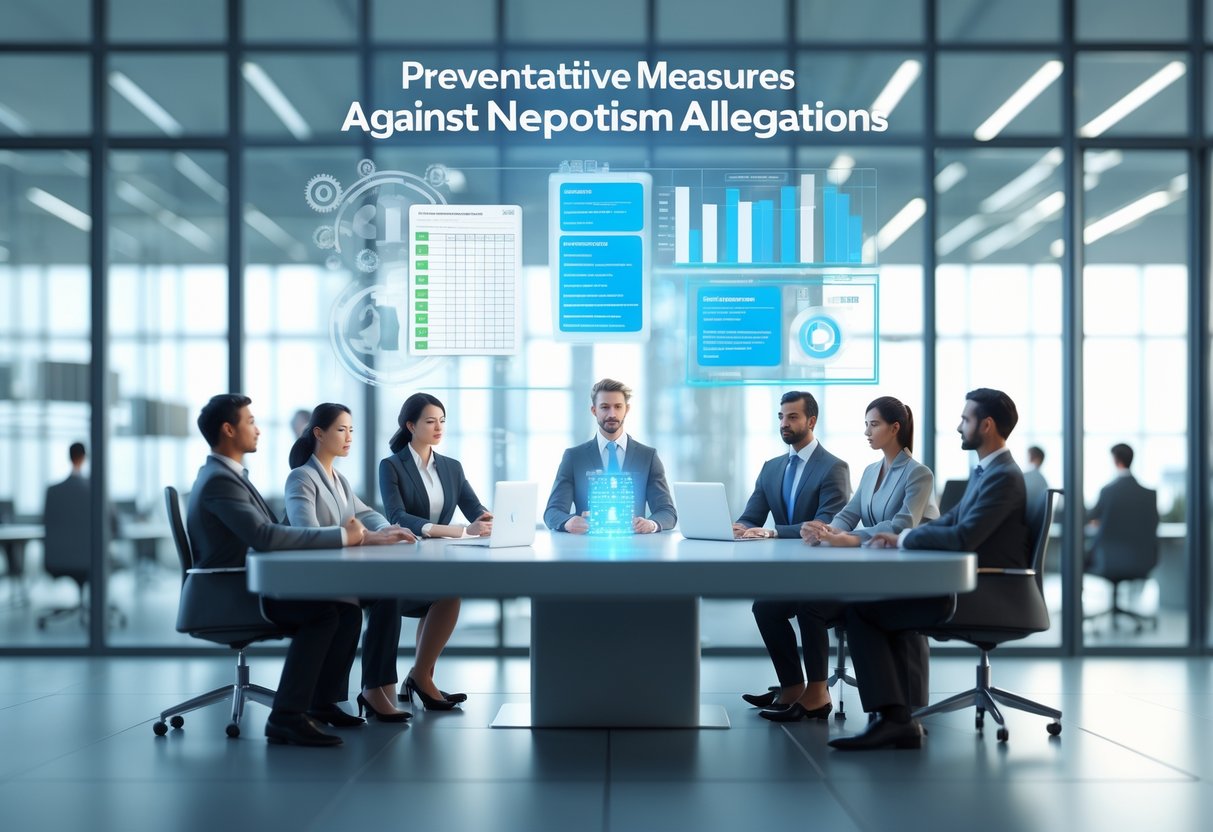 A group of diverse professionals having a meeting in a modern office, with holographic charts and symbols representing fairness and accountability.