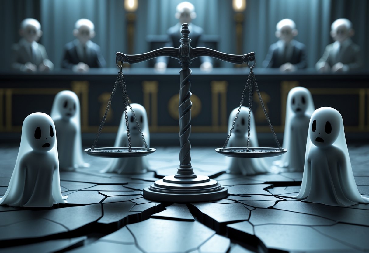 A courtroom scene showing broken scales of justice surrounded by distressed figures representing victims and overwhelmed legal professionals, illustrating the impact of tampering on the justice system.