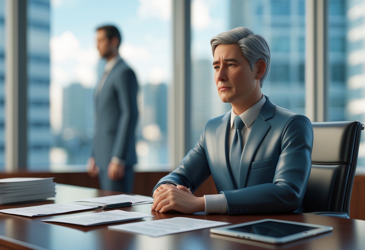A person in business clothes sits at a desk with documents, looking thoughtful in an office with a city view and a blurred figure standing nearby.