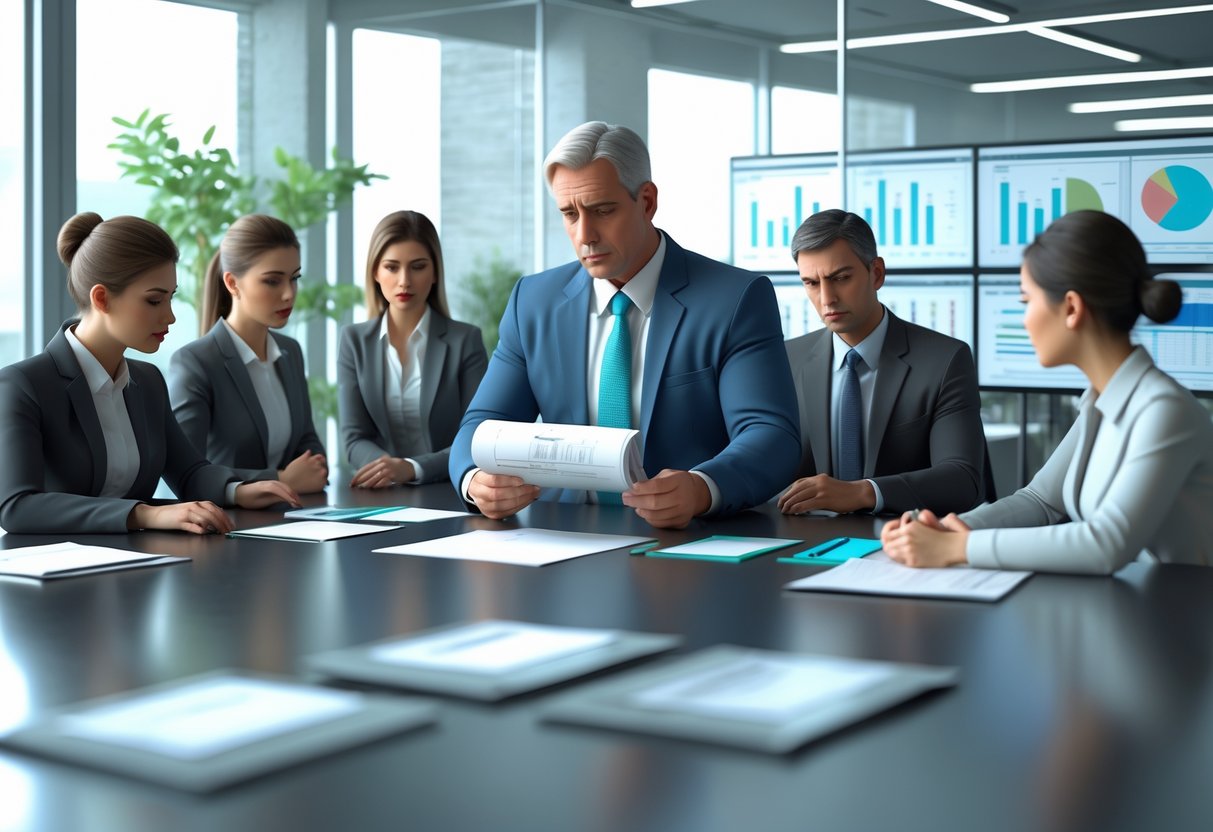 A group of office workers having a serious discussion around a conference table with documents and computers, suggesting a tense situation related to workplace relationships.