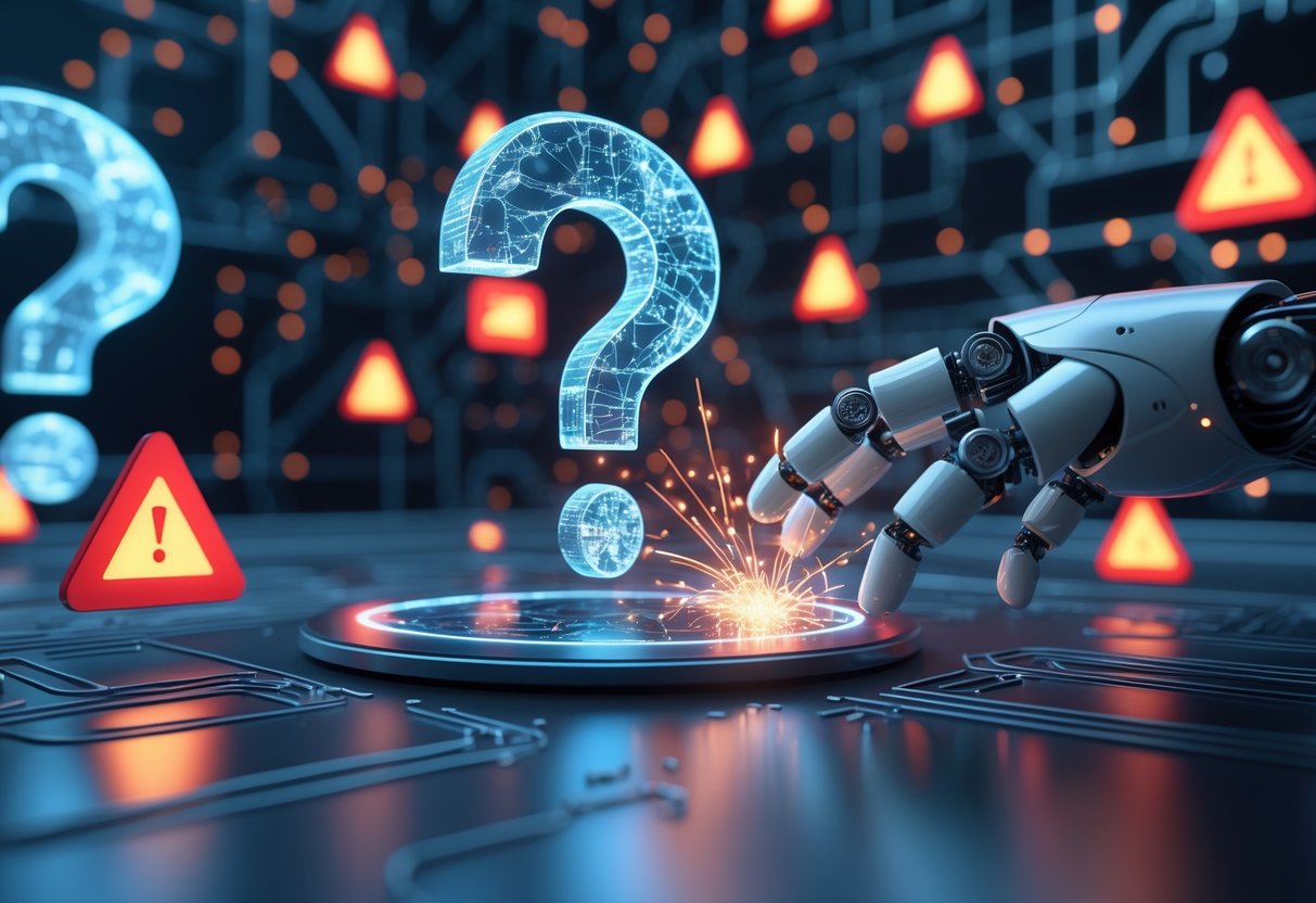 A futuristic scene showing a robotic hand touching floating holographic question marks, some cracked, with warning symbols and data streams in the background.