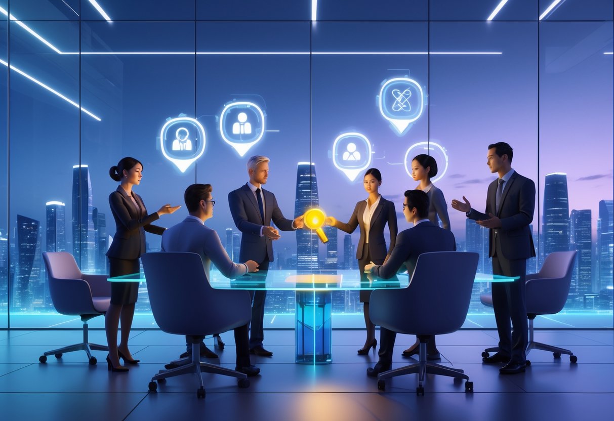 A group of professionals in a futuristic office exchanging a glowing key, symbolising nepotism, with holographic icons around them indicating ethical concerns.