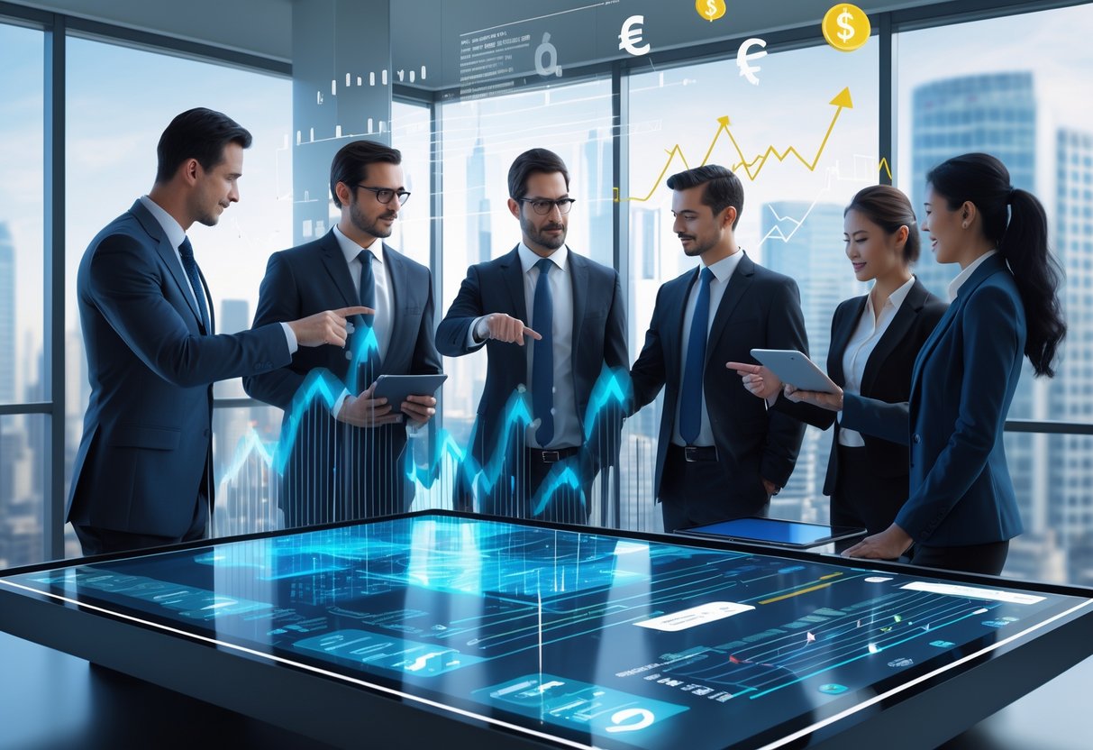 A group of business professionals discussing financial data on a digital table in an office with a city view, focusing on economic trends and buyout opportunities.