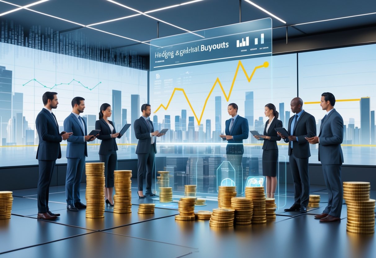 A group of business professionals discussing financial data in a modern boardroom with digital charts and symbols of money and protection around them.