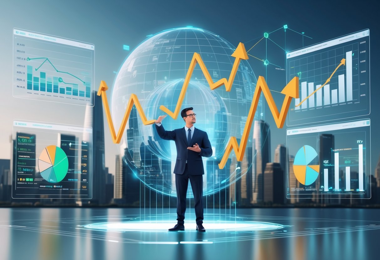 A financial advisor analysing holographic charts and graphs about buyout inflation in a modern office with a city skyline in the background.