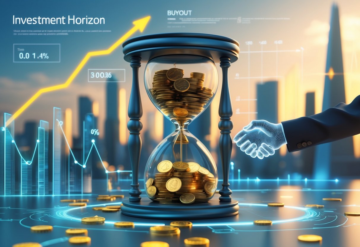 A 3D scene showing a large hourglass filled with coins in front of a city skyline, with floating financial graphs and two figures shaking hands nearby.