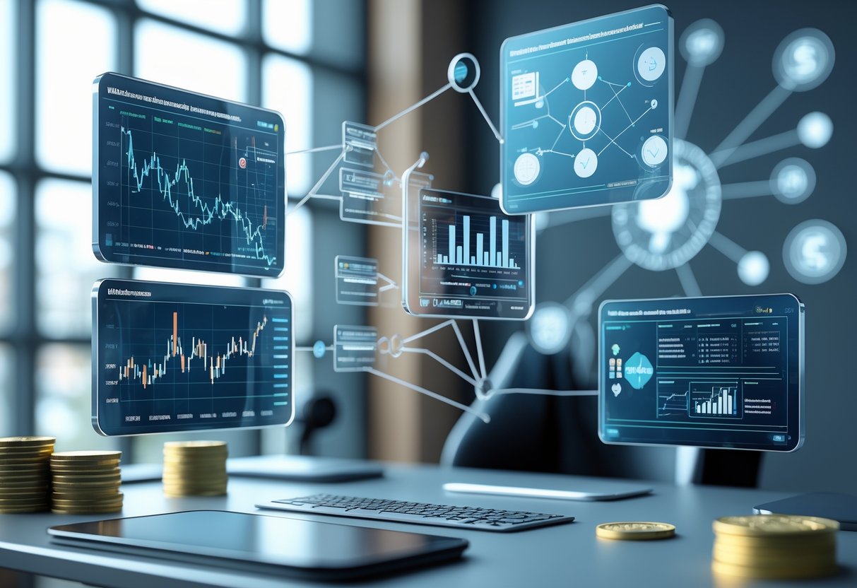 A 3D scene of a modern office desk with floating digital screens showing financial charts and diagrams related to managing risks in buyouts during inflation.