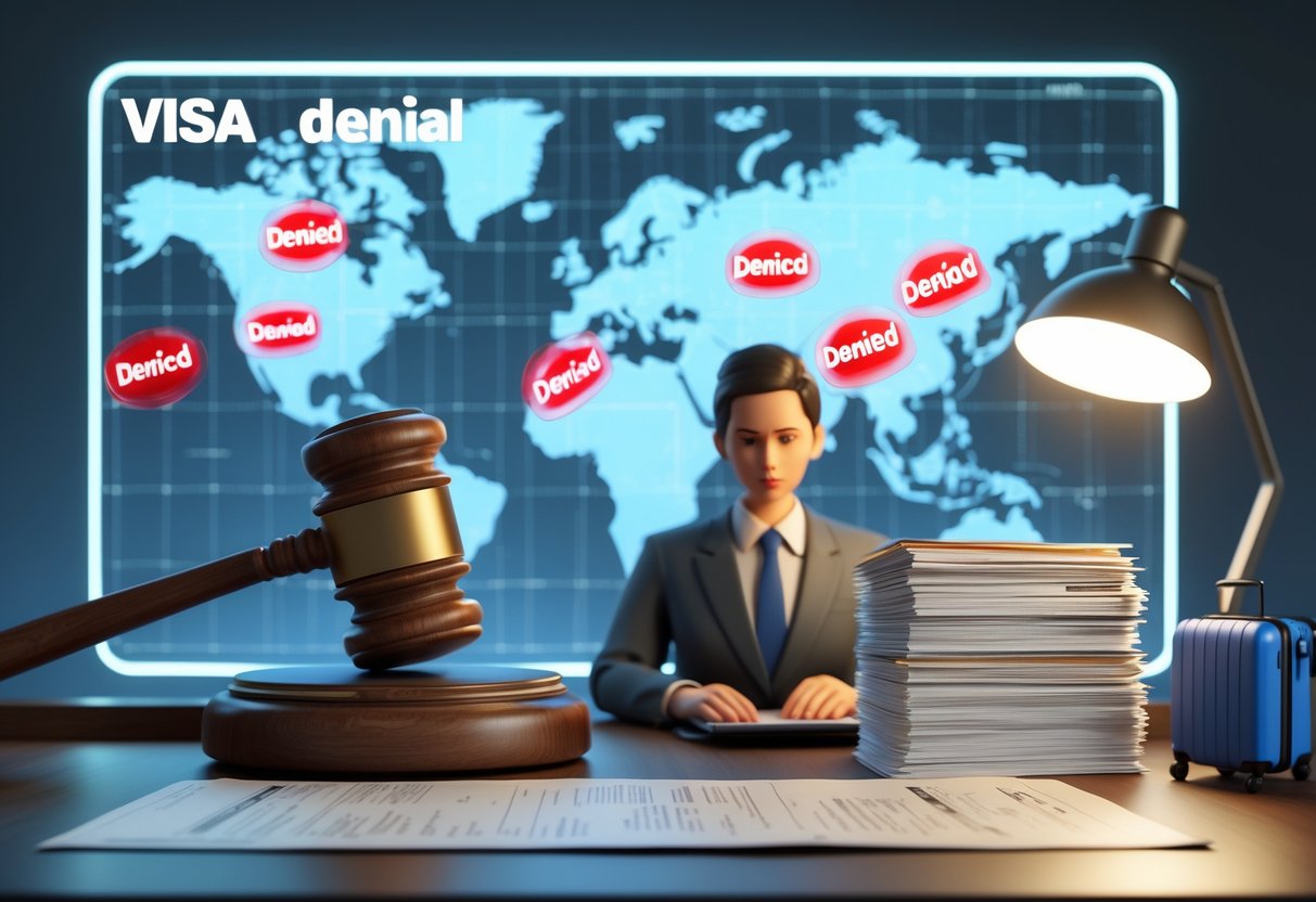 A courtroom scene showing a gavel, a digital world map with denied stamps, official documents on a desk, an immigration officer checking a passport, and a worried traveller holding a suitcase.