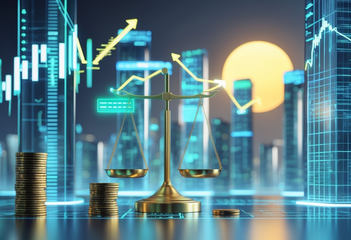 A futuristic cityscape with glowing skyscrapers showing rising financial charts and a golden scale balancing coins and price tags, symbolising economic growth and inflation.